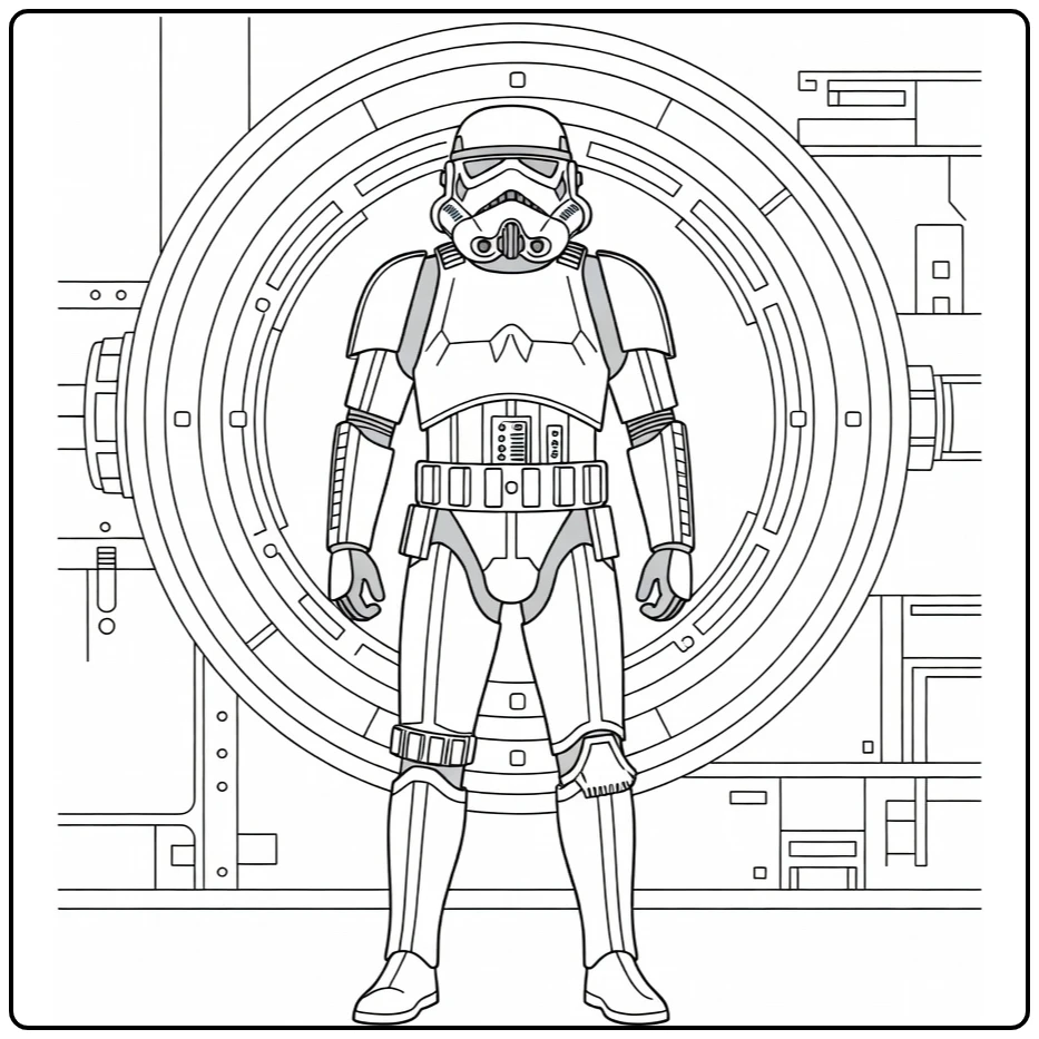 Stormtrooper kleurplaat bij groot rond ruimteschip luik