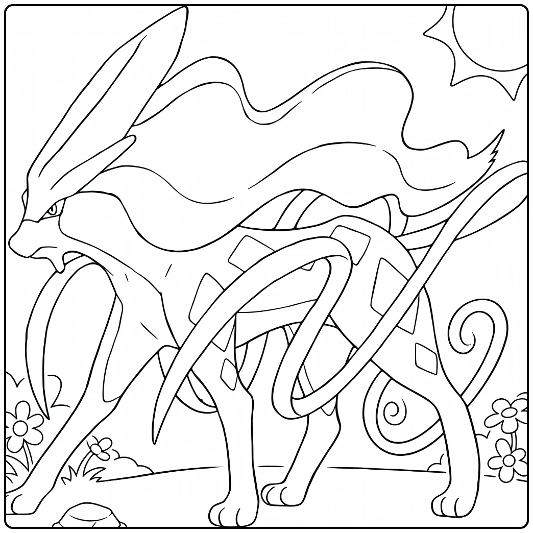 Suicune Water Pokemon Kleurplaat met manen en bloemen