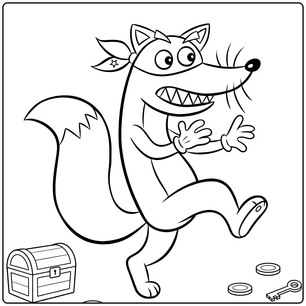 Swiper Dora Kleurplaat: vos met schatkist, munten, sleutel