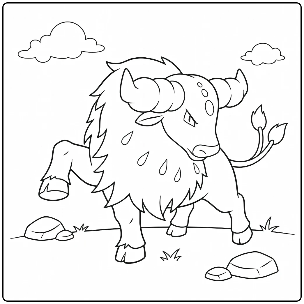 Tauros Aqua Breed Water Pokemon Kleurplaat met druppels