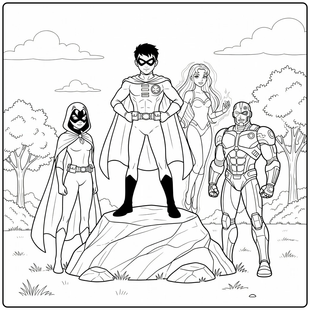 Teen titans kleurplaat: Robin centraal zelfverzekerd zittend