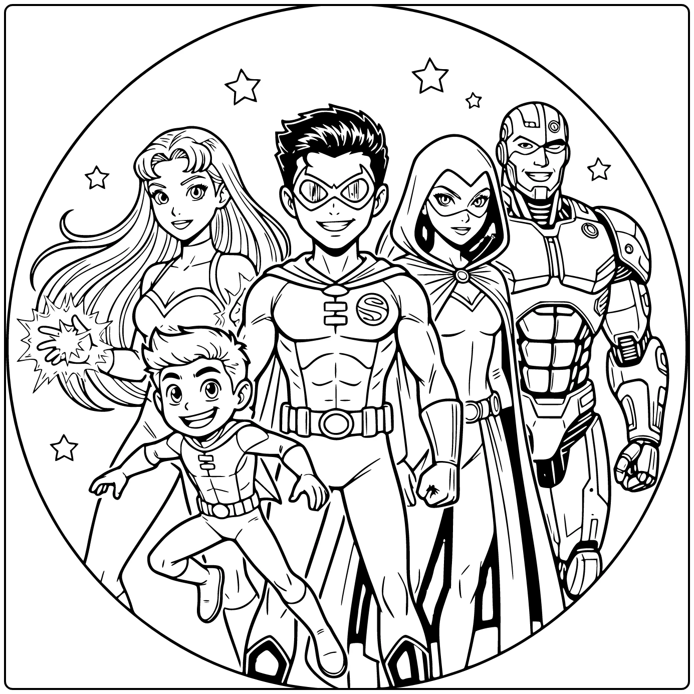 Teen Titans kleurplaat Robin trots lachend in centrum
