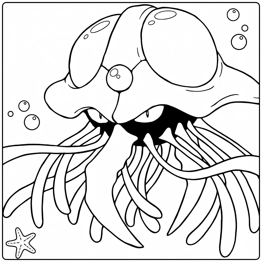 Tentacruel Water Pokemon Kleurplaat met bubbels en tentakels