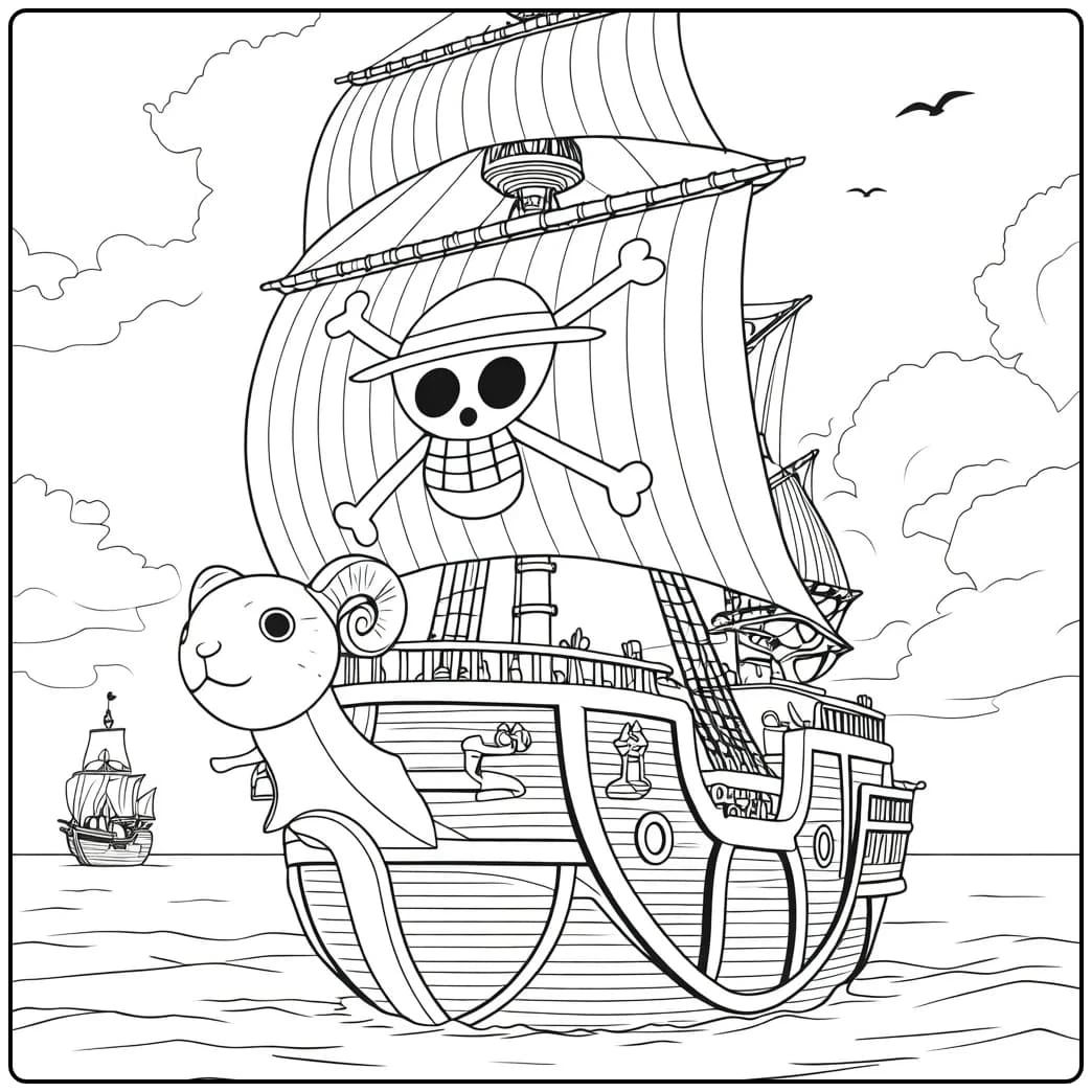 Thousand Sunny kleurplaat met Luffy en vrienden