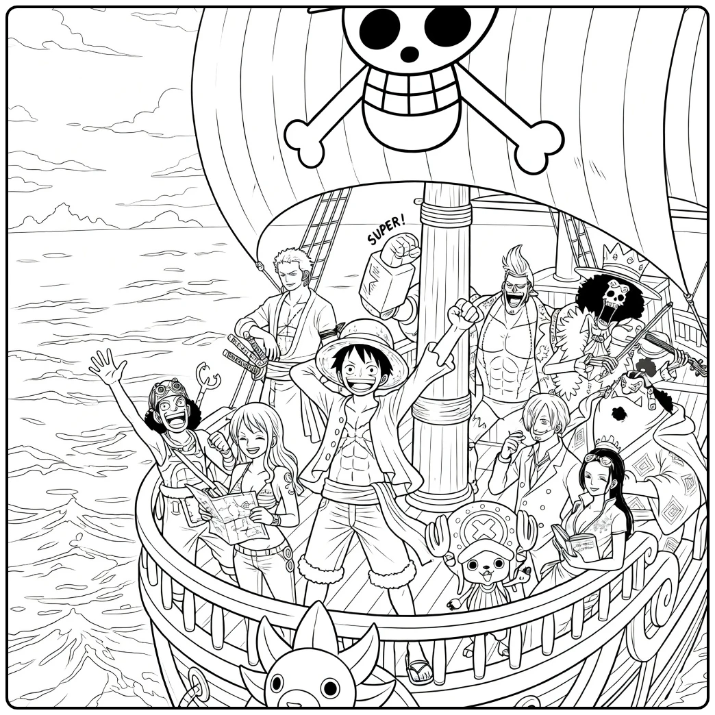 Thousand Sunny kleurplaat met Luffy en Straw Hat crew