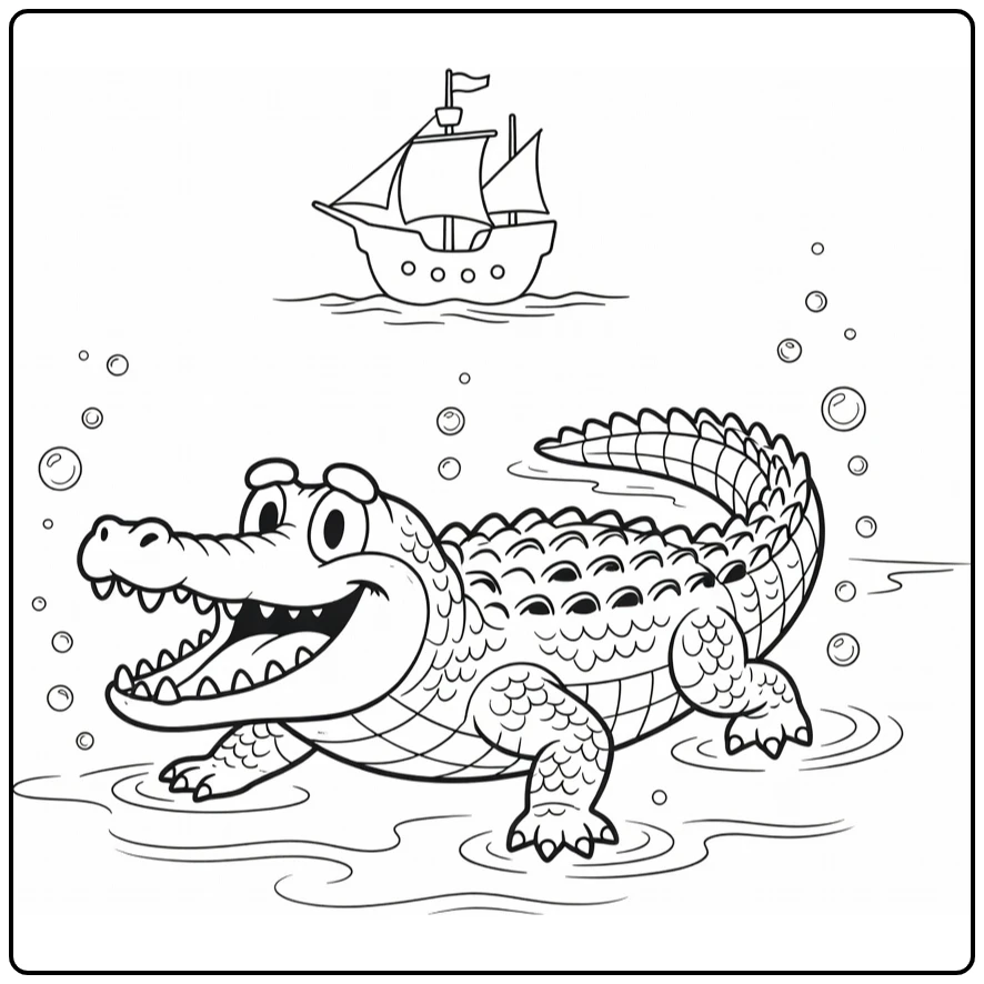 Tikkende Krokodil Kleurplaat zwemmend onder piratenschip