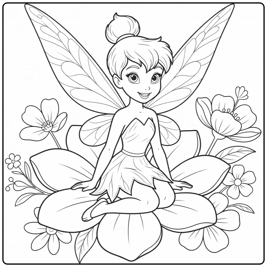 Tinkerbell kleurplaat: fee op bloemblaadje met blad jurk en vleugels