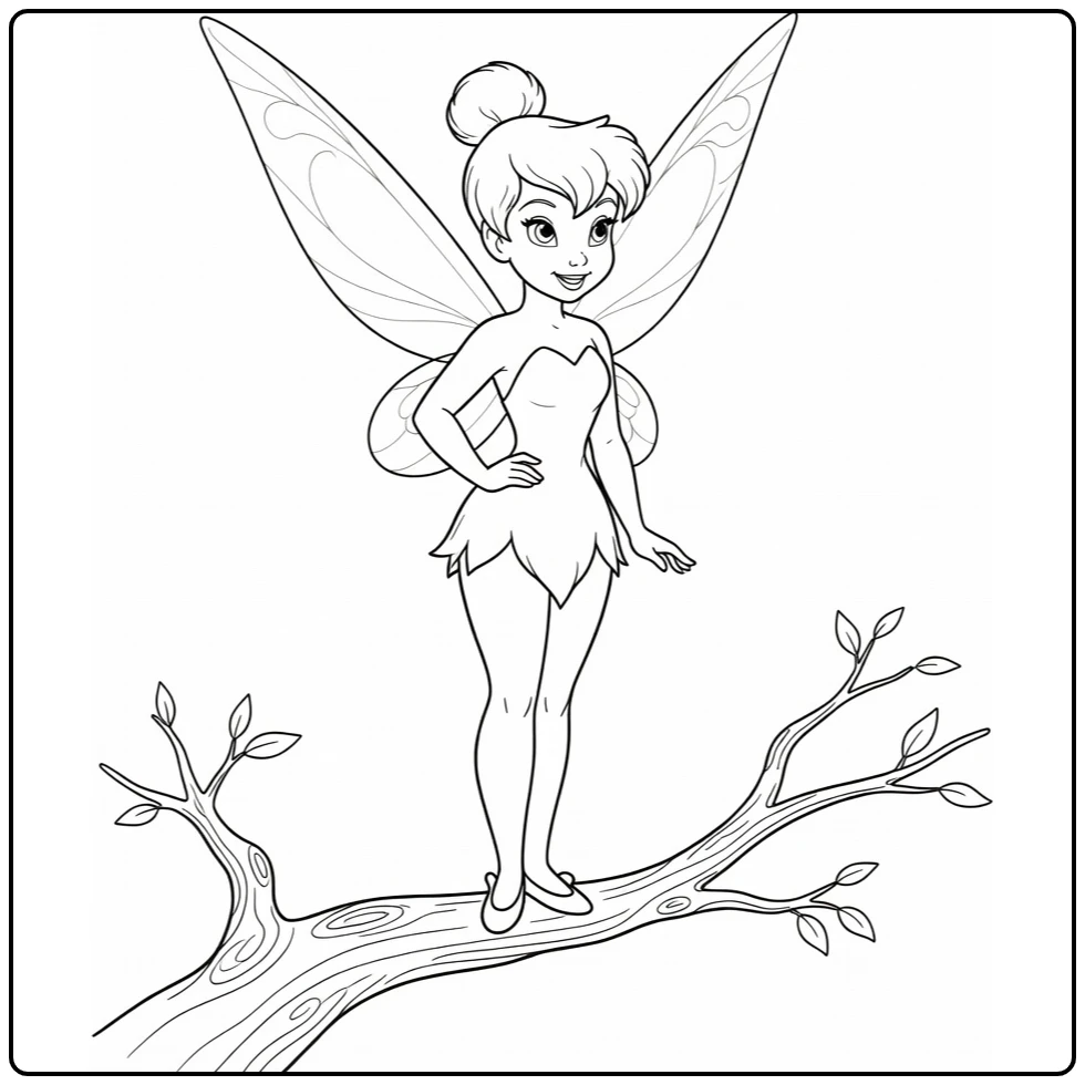 Tinkerbell kleurplaat: fee trots op boomtak, nieuwsgierig