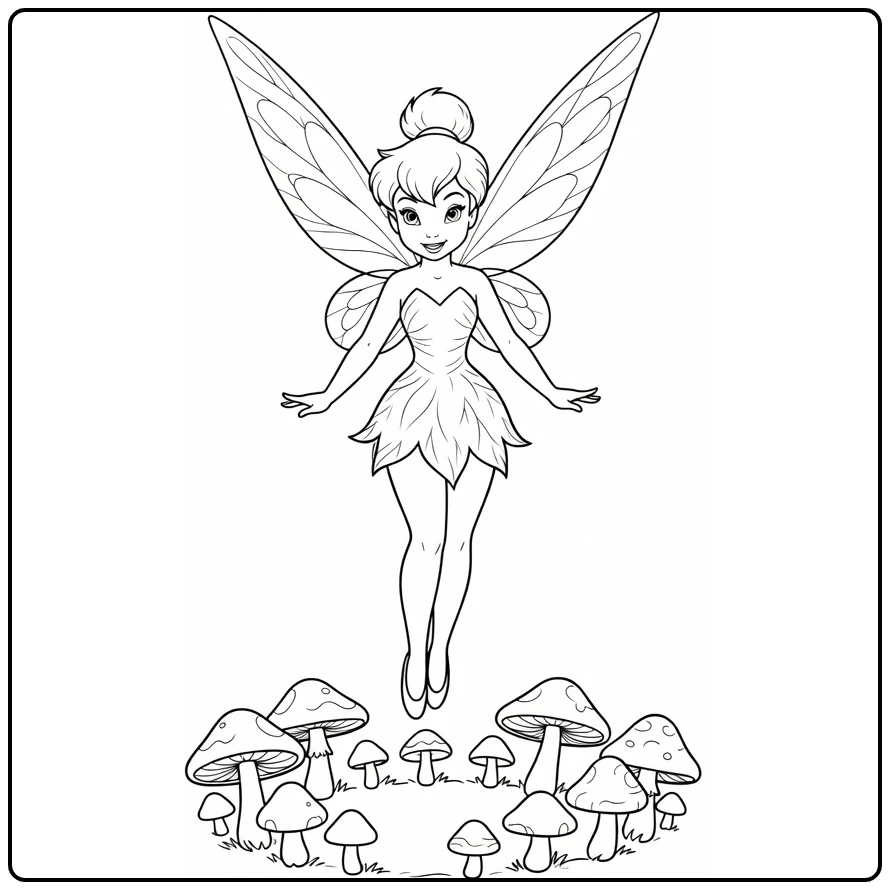tinkerbell kleurplaat: Tinkelbel vliegt boven paddenstoelen