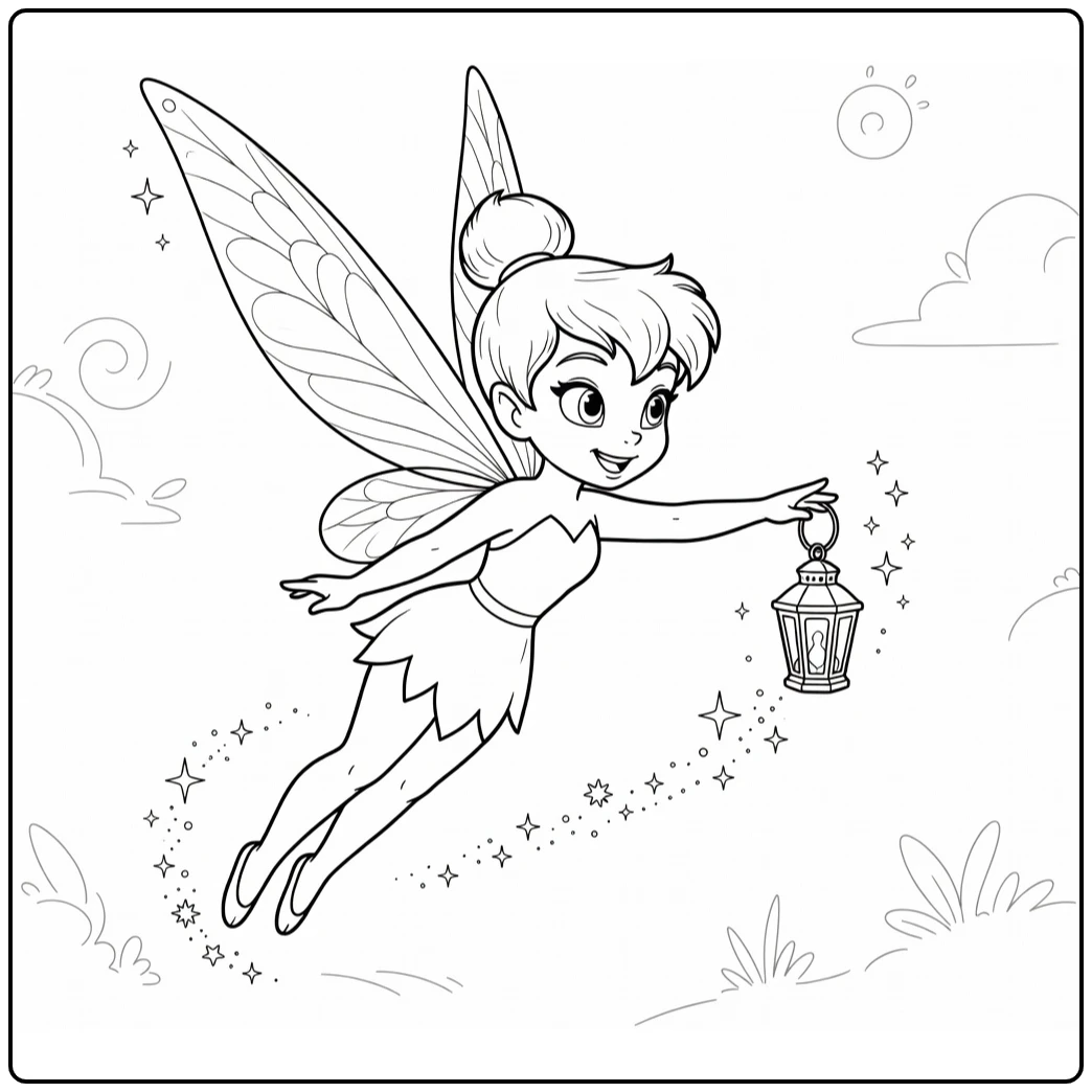 Tinkerbell kleurplaat: vliegende fee met lantaarntje