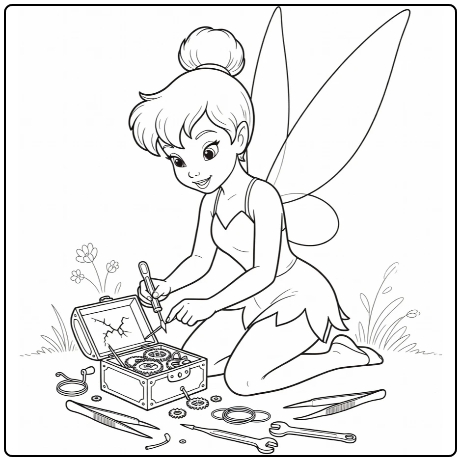 tinkerbell kleurplaat Tinkelbel repareert muziekdoosje