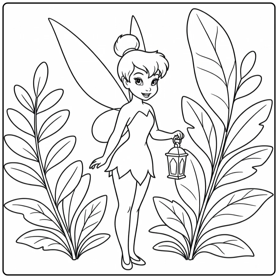 tinkerbell kleurplaat Tinkelbel met lantaarn bij bladeren