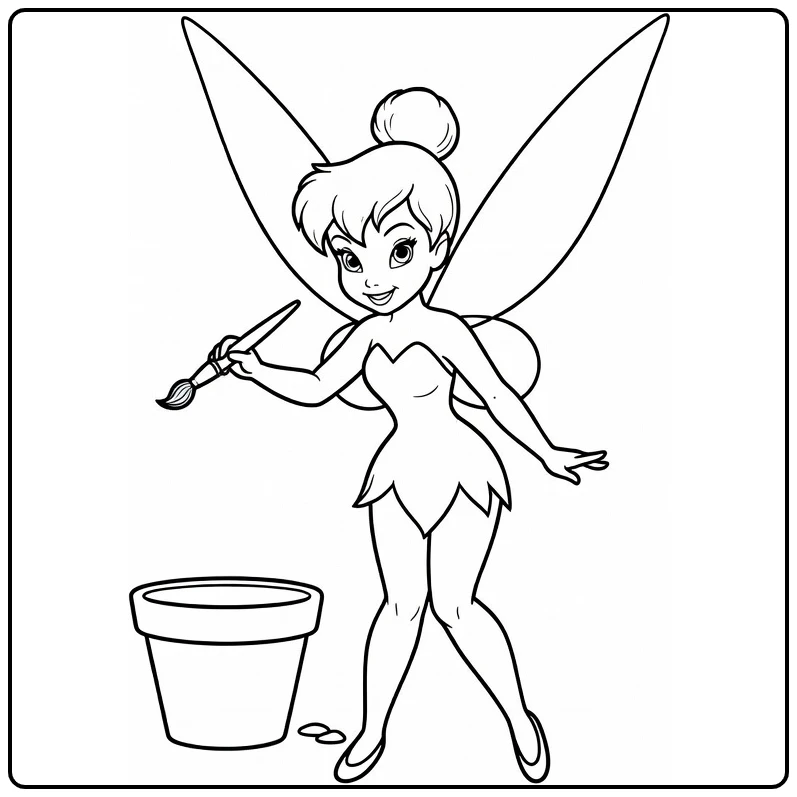 Tinkerbell kleurplaat: fee met penseel bij bloempot