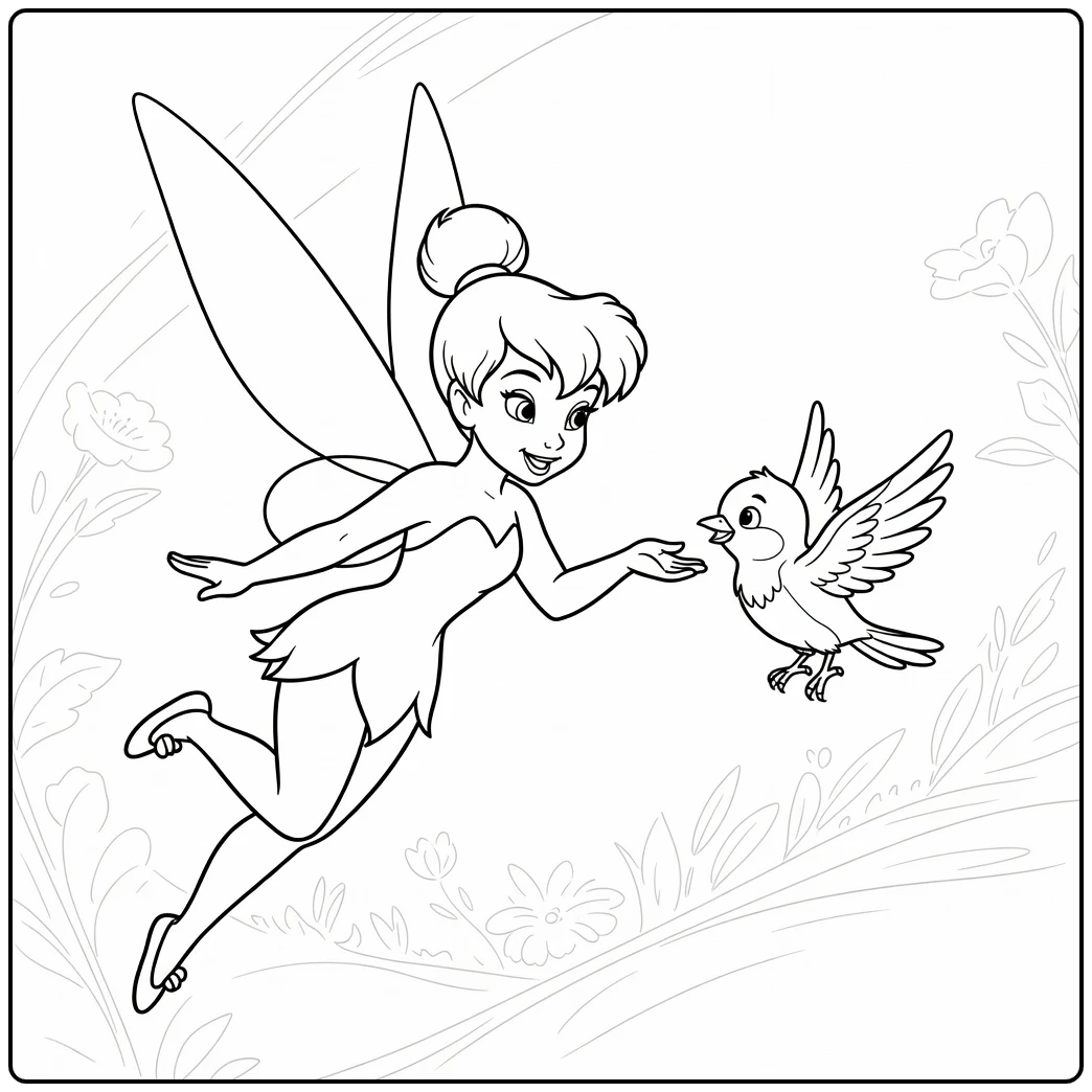 tinkerbell kleurplaat: Tinkelbel vliegt met vogeltje