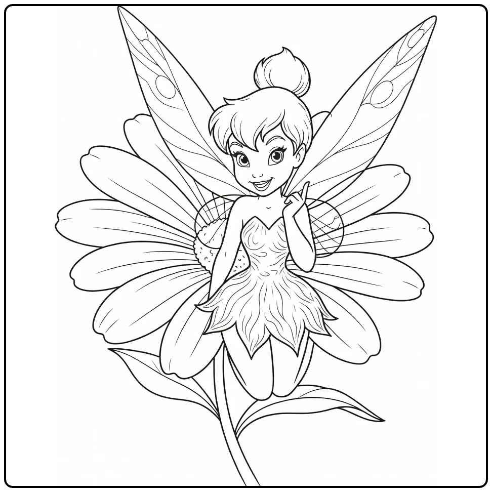 tinkerbell kleurplaat: Tinkelbel gluurt achter madeliefje
