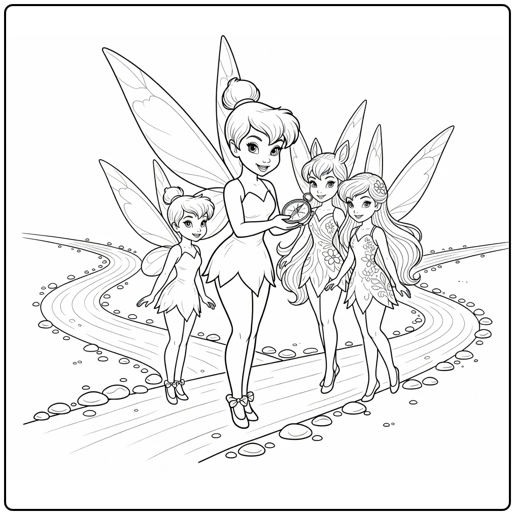 Tinkerbell kleurplaat met kompas en feeën Terence Fawn Rosetta