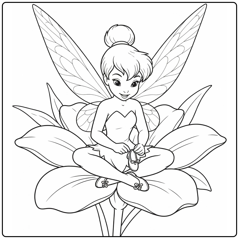 tinkerbell kleurplaat: Tinkerbell fixt schoentje op bloemblaadje
