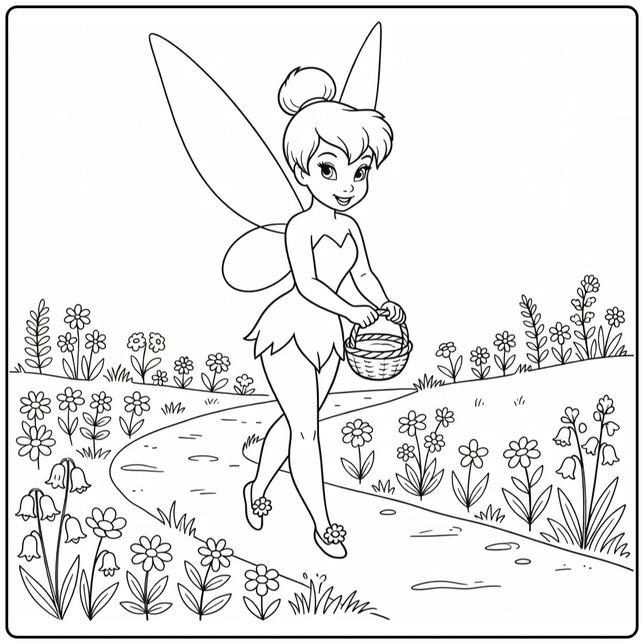 Tinkerbell kleurplaat: Tinkelbel met eikelmandje op bospad