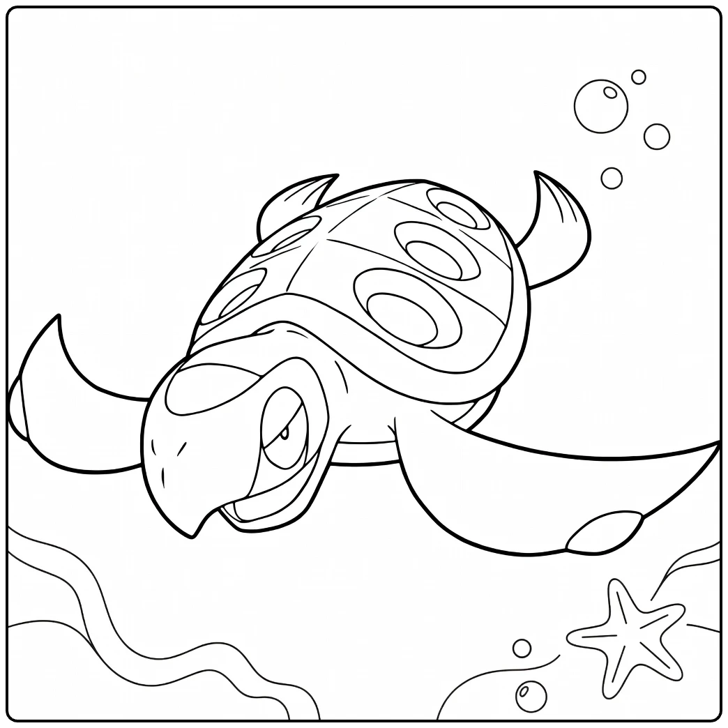 Tirtouga Water Pokemon Kleurplaat zwemmend met bubbels