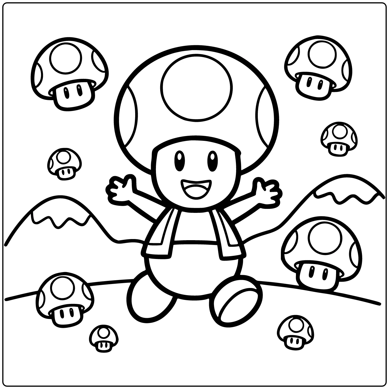 toad mario kleurplaat: Toad rent blij door Paddenstoelenkoninkrijk