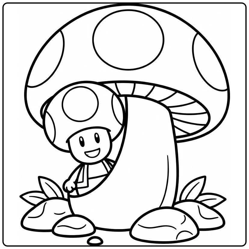 toad mario kleurplaat: Toad gluurt lachend achter reusachtige paddenstoel