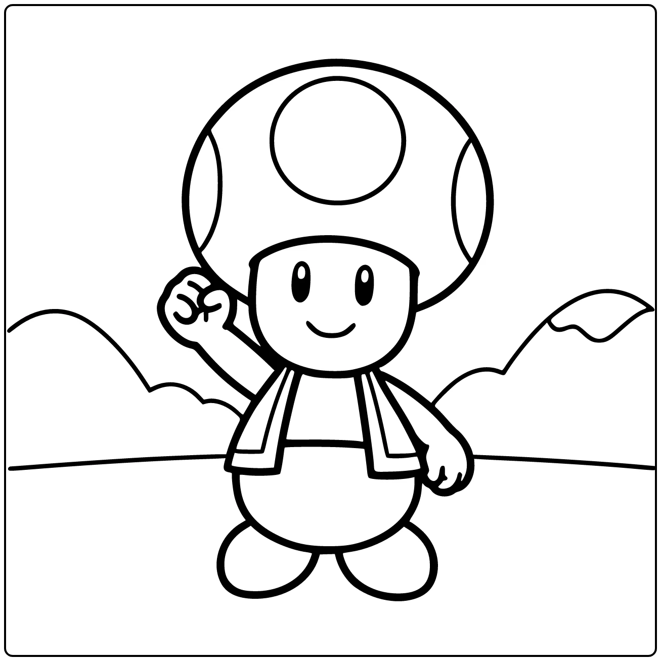 Toad Mario kleurplaat: dappere Toad centraal met vest