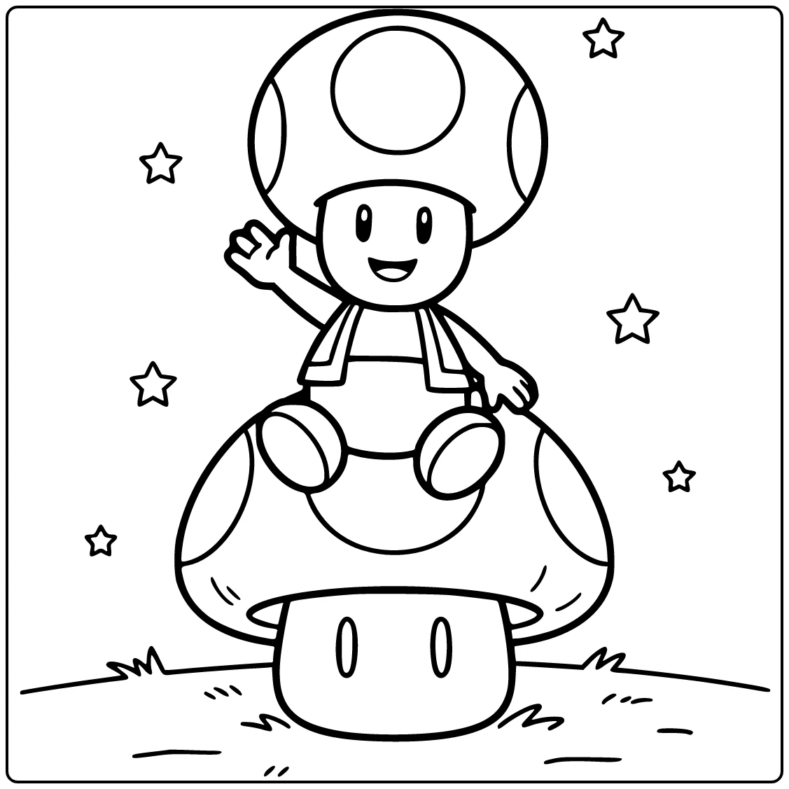 Toad Mario kleurplaat: Toad op paddenstoel zwaait