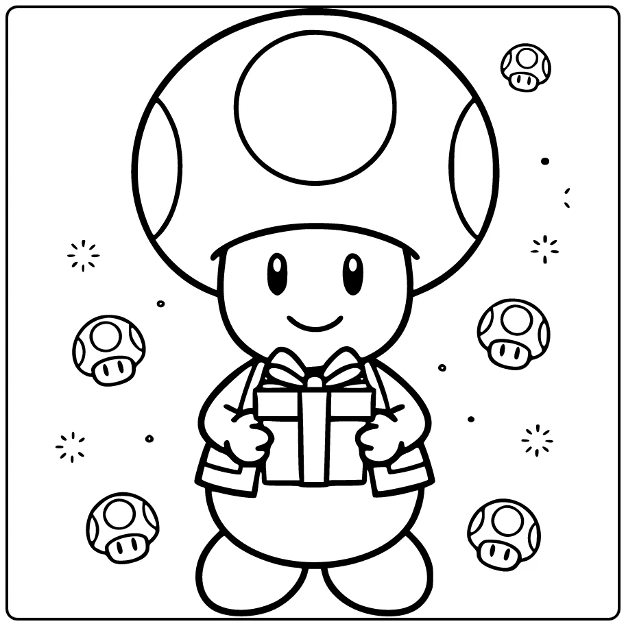toad mario kleurplaat Toad draagt cadeau met beide handen