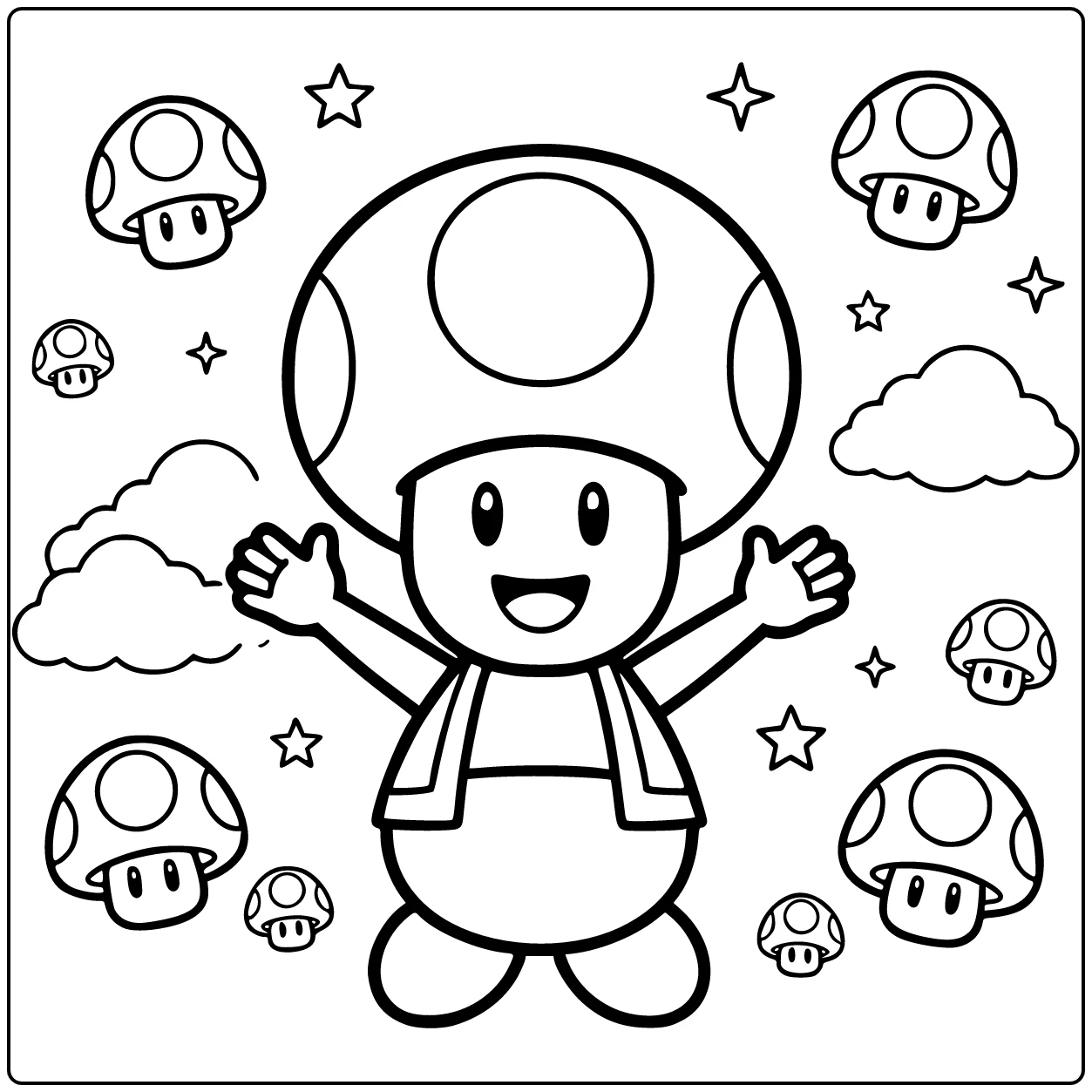 toad mario kleurplaat: glimlachende Toad met handen omhoog