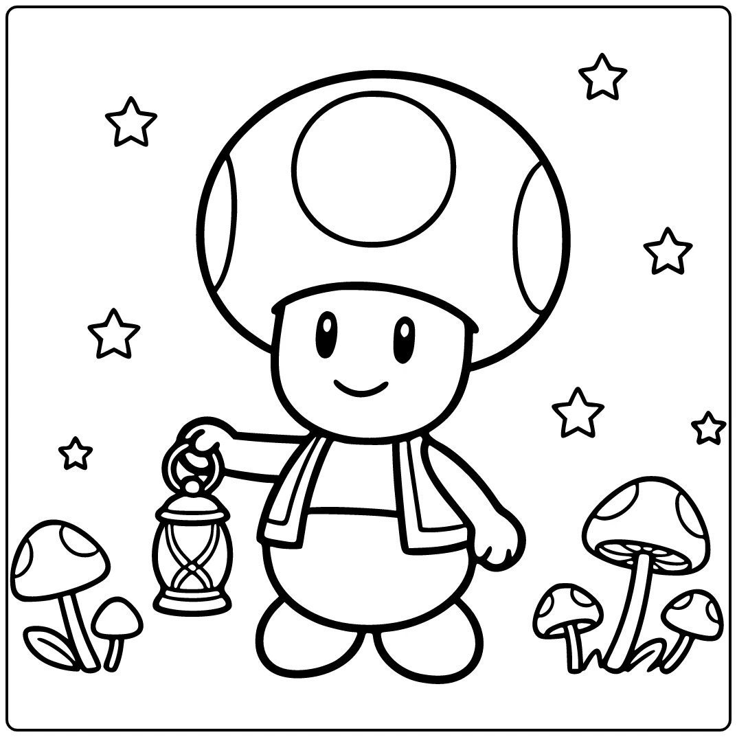 Toad mario kleurplaat: Toad met kleine lantaarn centraal