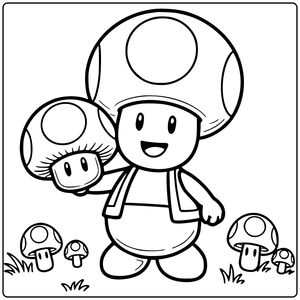 Toad Mario kleurplaat: trotse Toad met grote paddenstoel