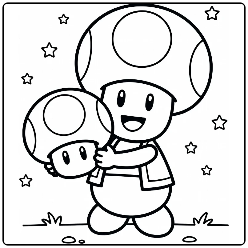 Toad Mario kleurplaat: lachende Toad met grote paddenstoel en sterren