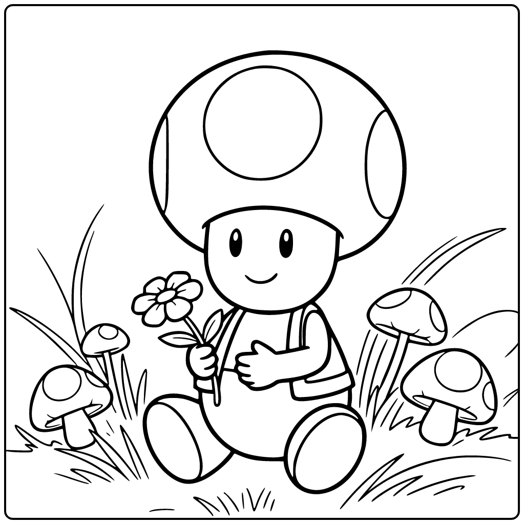 toad mario kleurplaat Toad kruisgepoten bewondert bloem