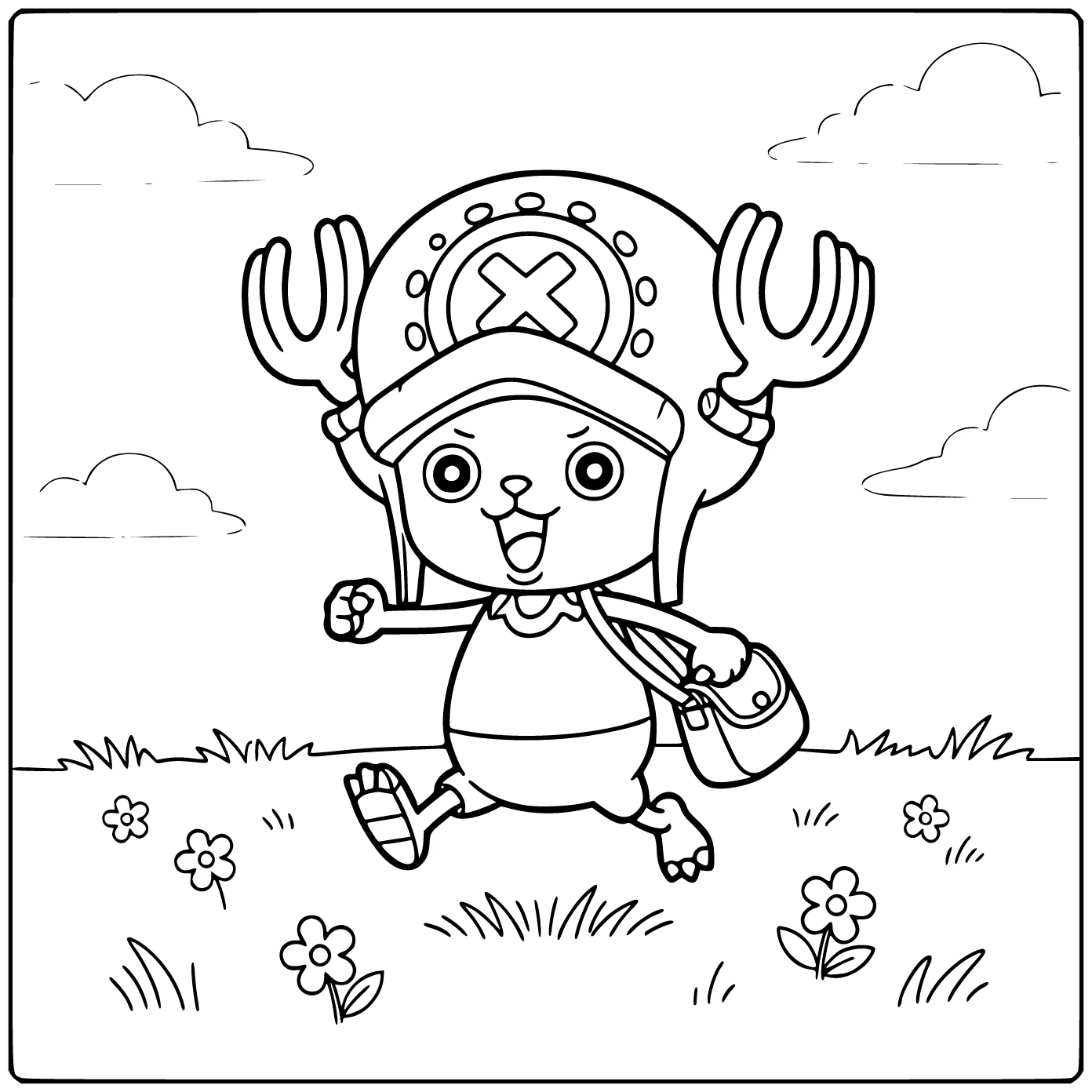 Tony Tony Chopper kleurplaat in blije renpose met medisch tasje