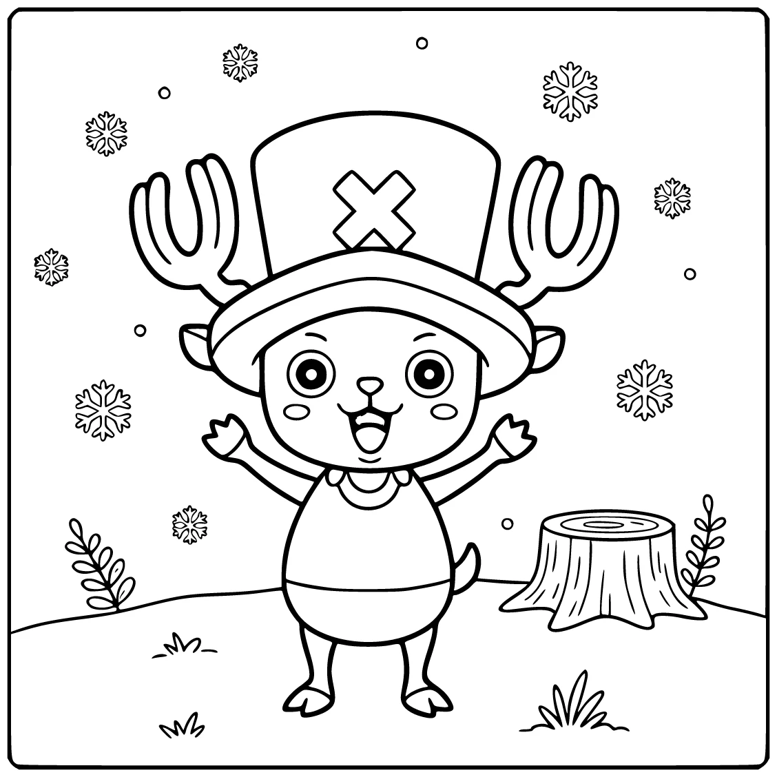 Tony Tony Chopper kleurplaat in sneeuw met bos en stomp