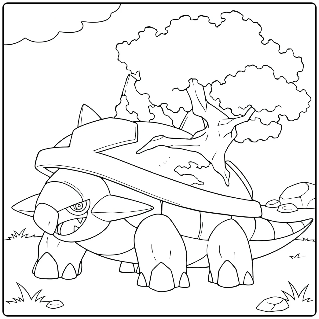 Torterra Kleurplaat: stoere Pokémon met boom op rug