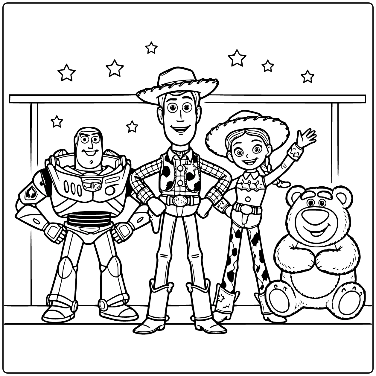 Toy Story kleurplaat: Woody zelfverzekerd op speelgoedrek