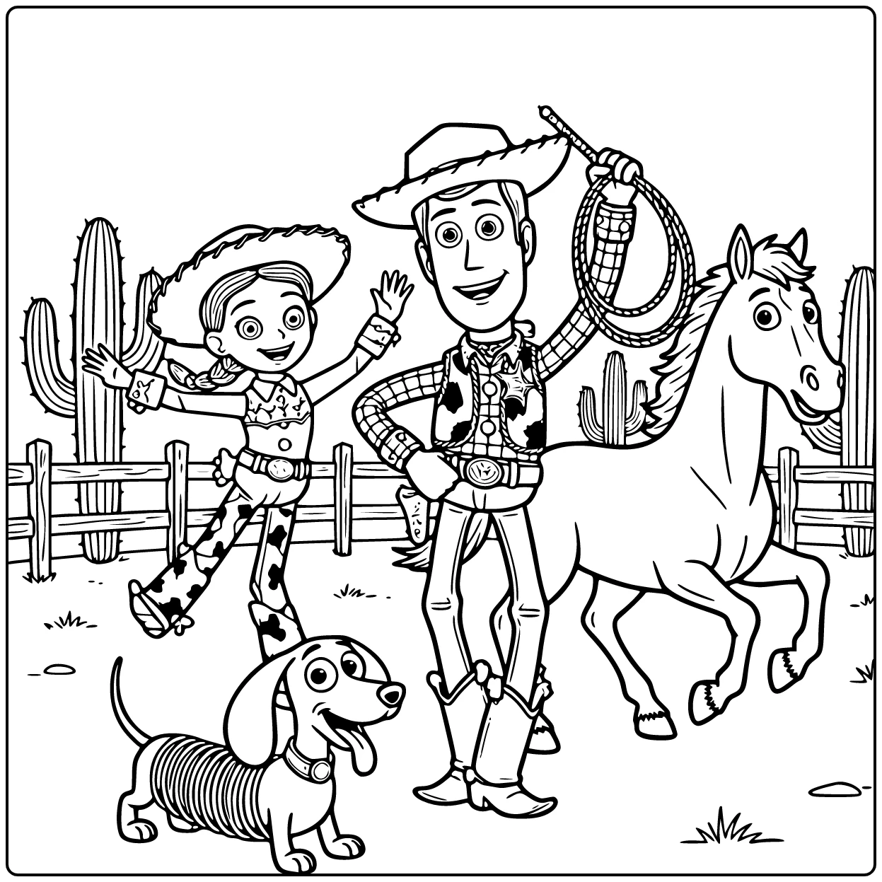 Toy Story kleurplaat: Woody met lasso, Jessie, Slinky en Bullseye
