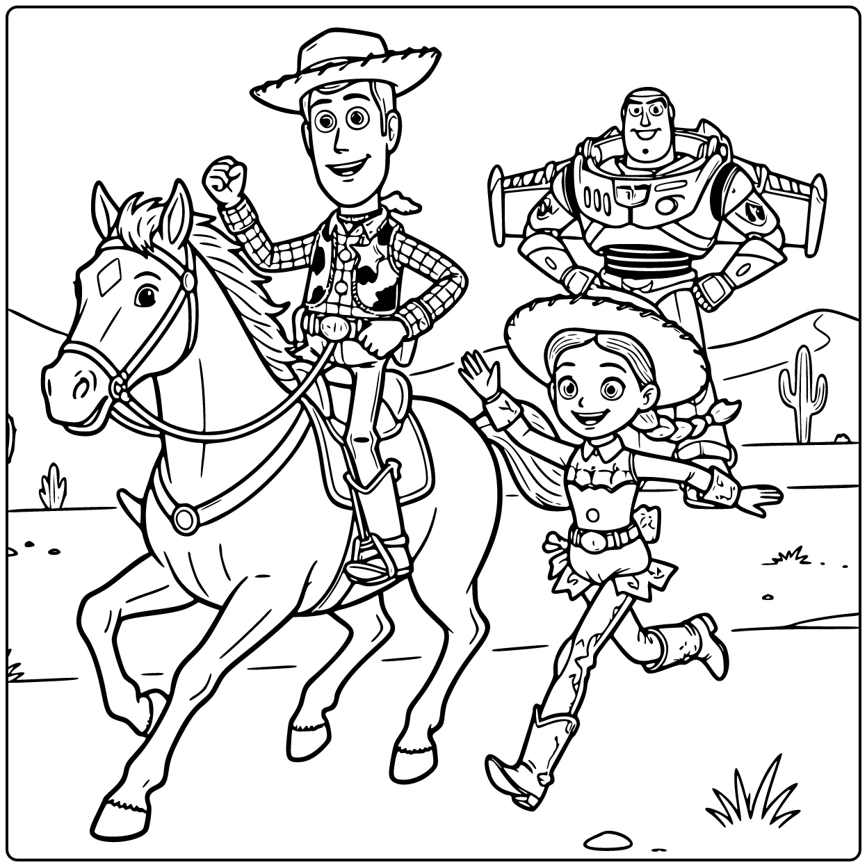 Toy Story kleurplaat: Woody rijdt op Bullseye avontuurlijk