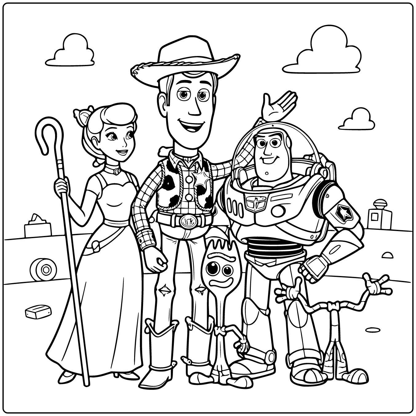 Toy Story kleurplaat: Woody lacht warm met Bo Peep, Buzz