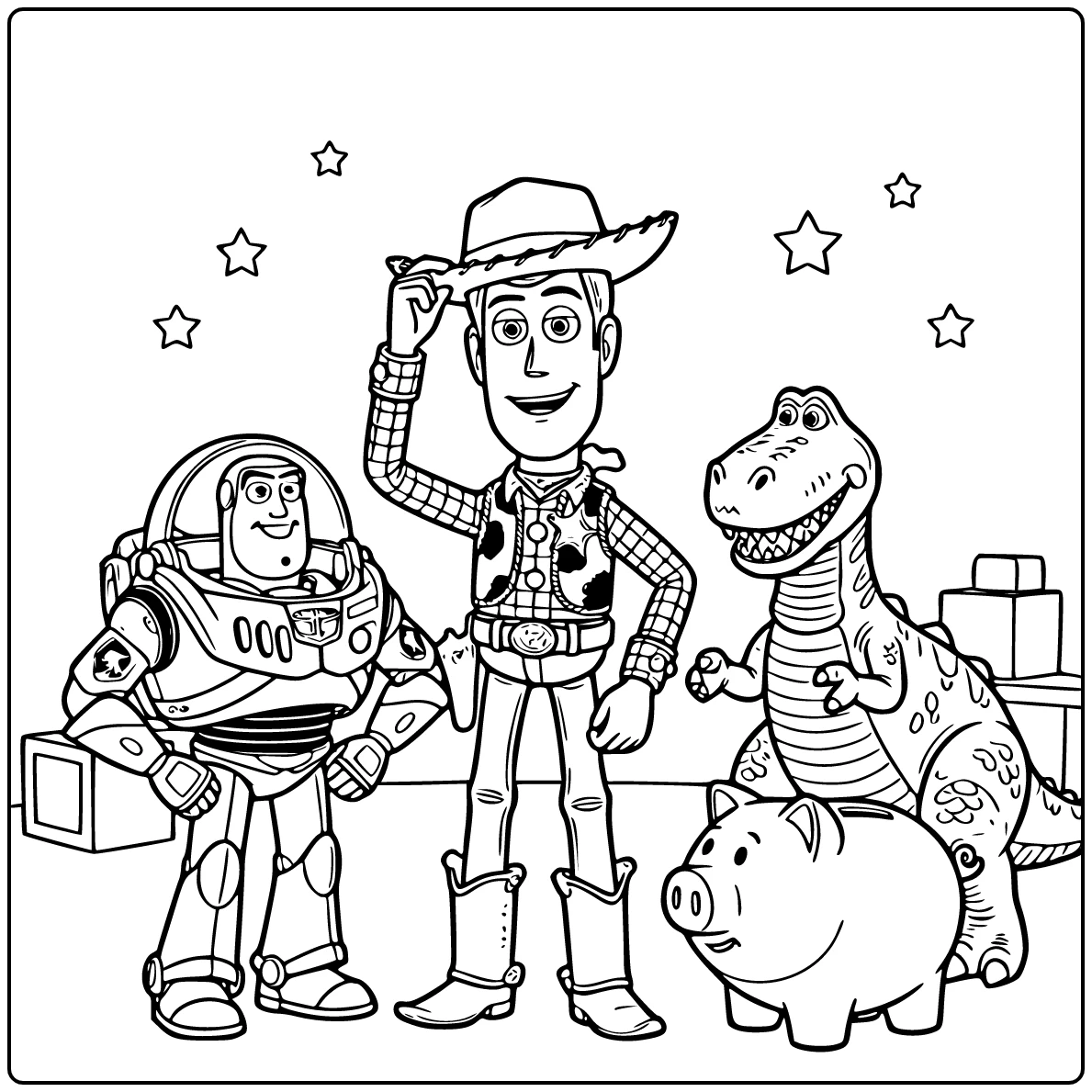 Toy Story kleurplaat: Woody tipt cowboyhoed met Buzz en Rex