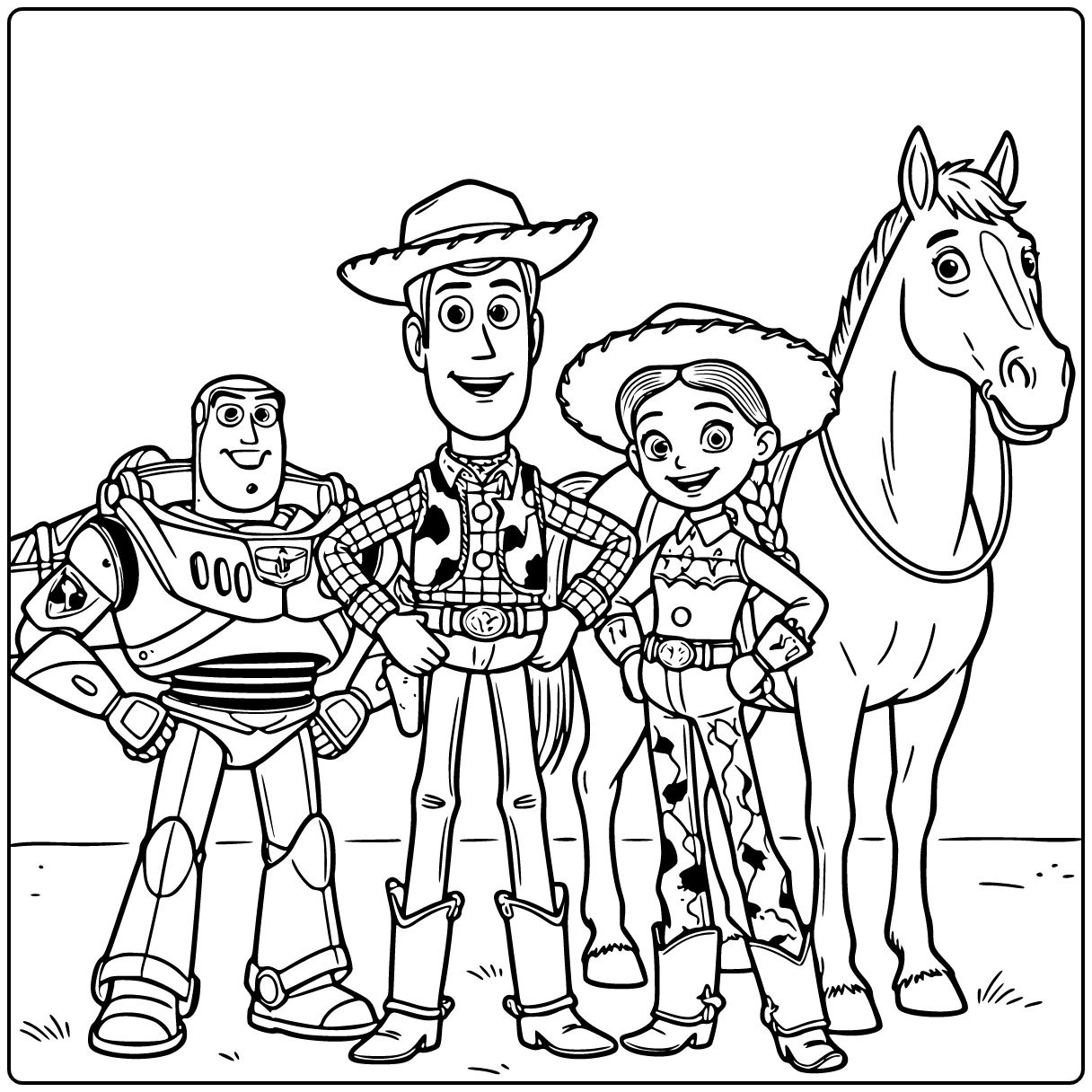 Toy Story kleurplaat: trotse Woody in midden met Buzz
