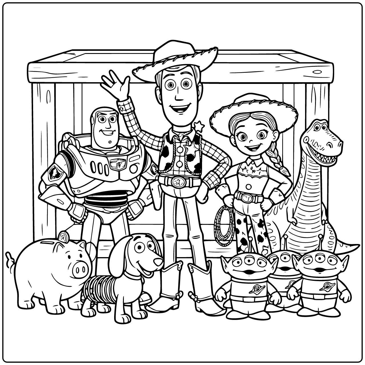 Toy Story kleurplaat met Woody centraal en Buzz Lightyear