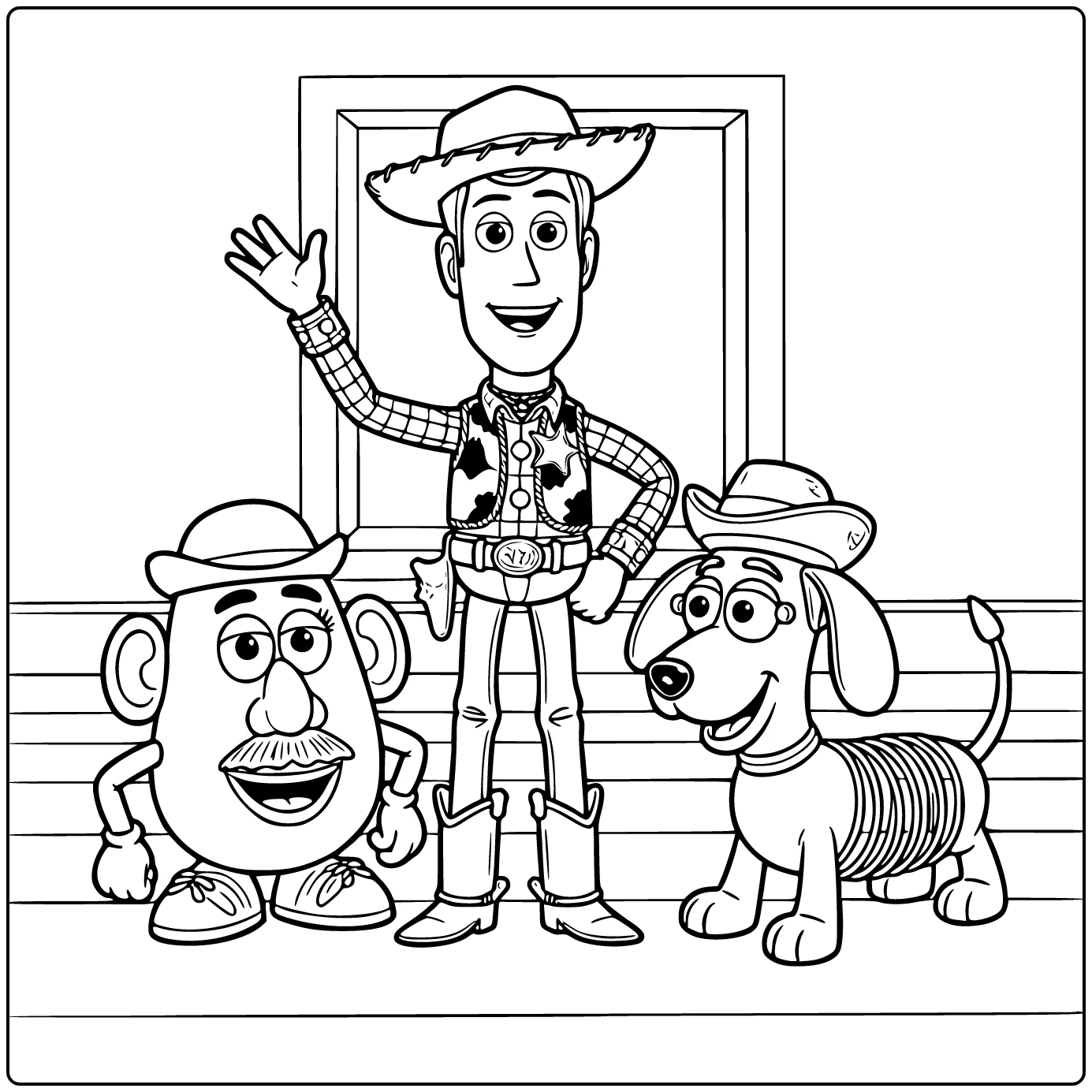 Toy Story kleurplaat: Woody zwaait blij met Mr. & Mrs. Potato Head