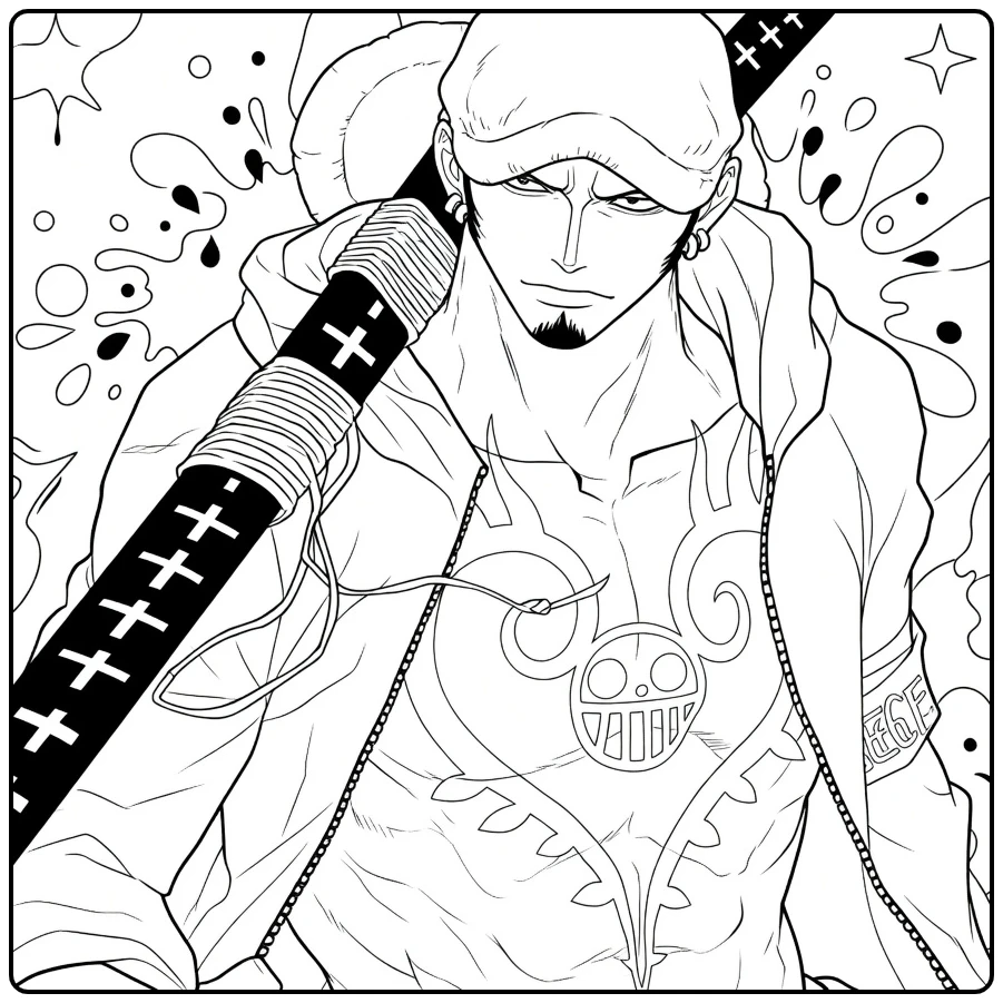 Trafalgar D. Water Law kleurplaat met zwaard en hoodie