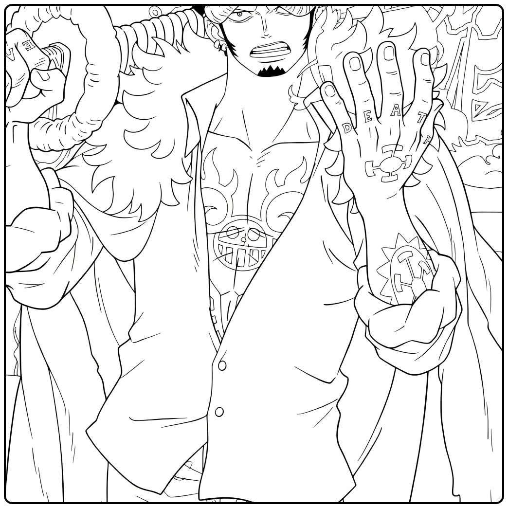 Trafalgar D. Water Law kleurplaat dynamische pose hoed