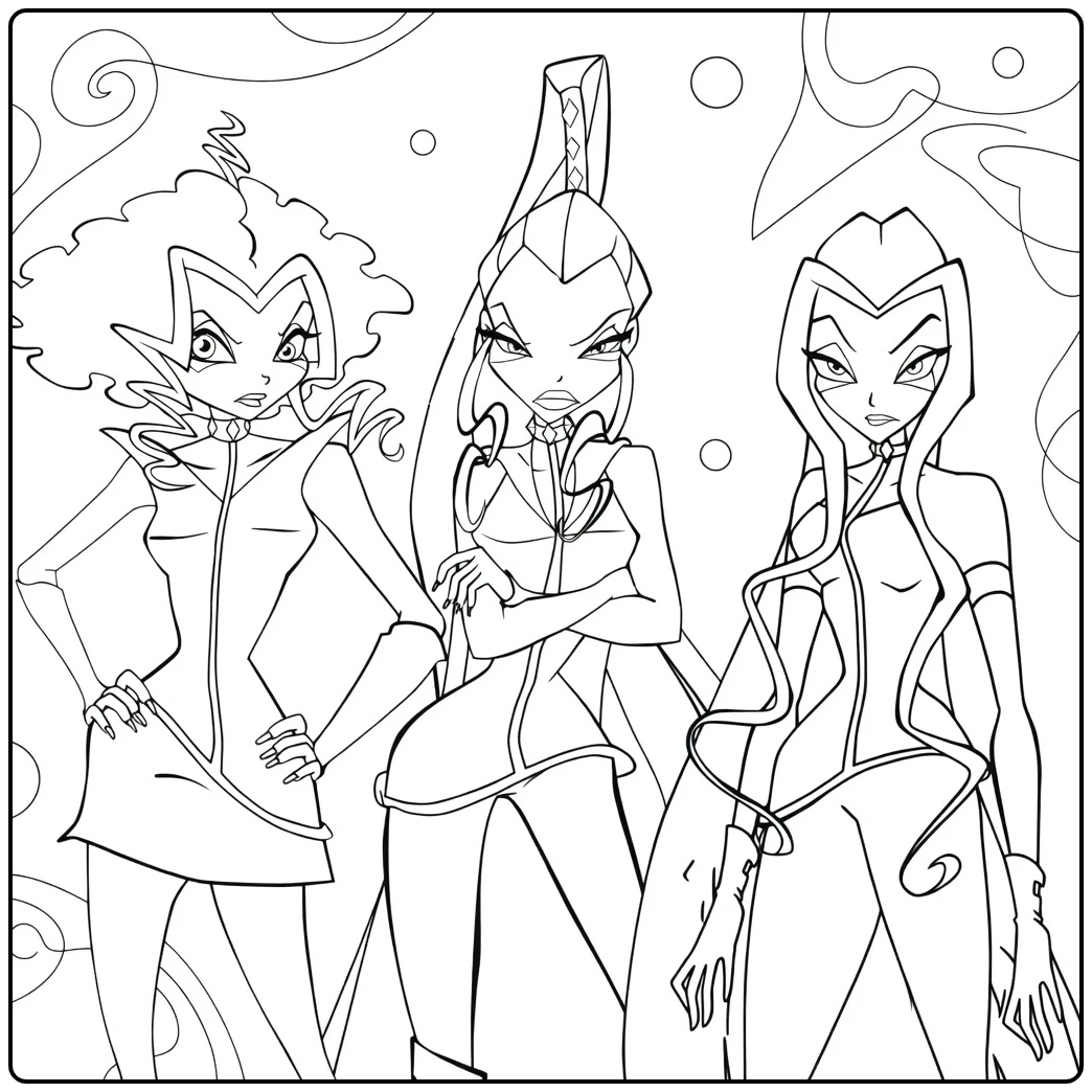 Trix Kleurplaat: Icy, Darcy en Stormy Winx Club