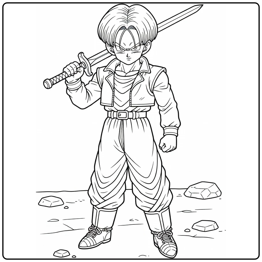 Trunks Kleurplaat: zwaard op schouder, heroïsche pose