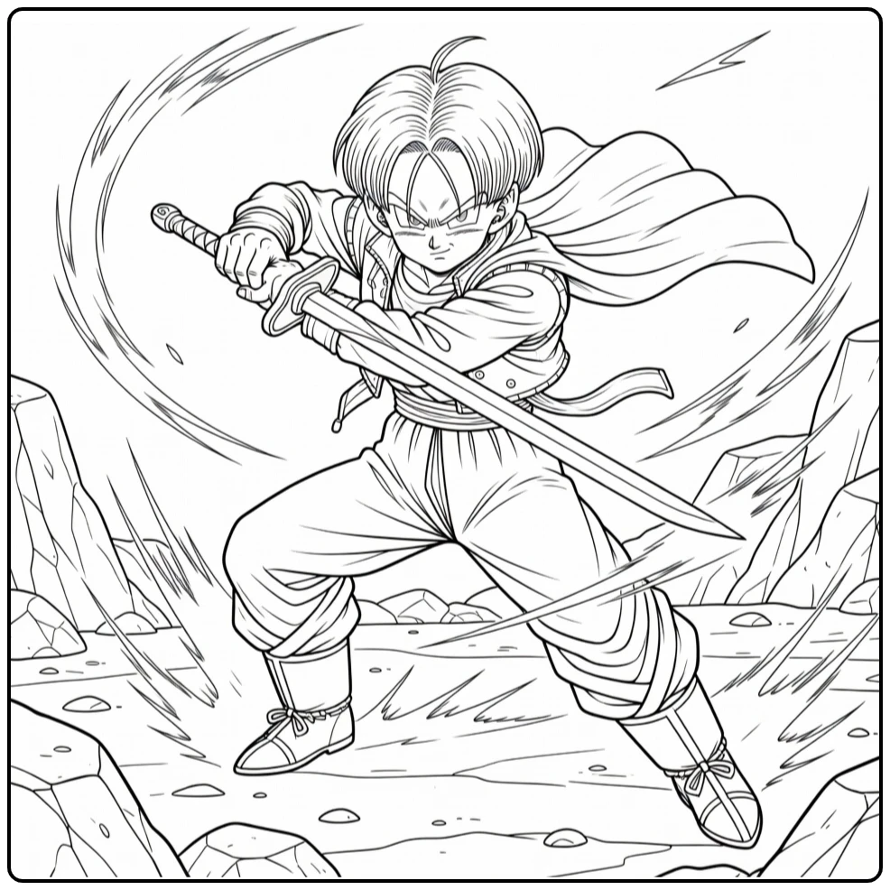 Trunks Kleurplaat actiepose zwaard rotsig slagveld