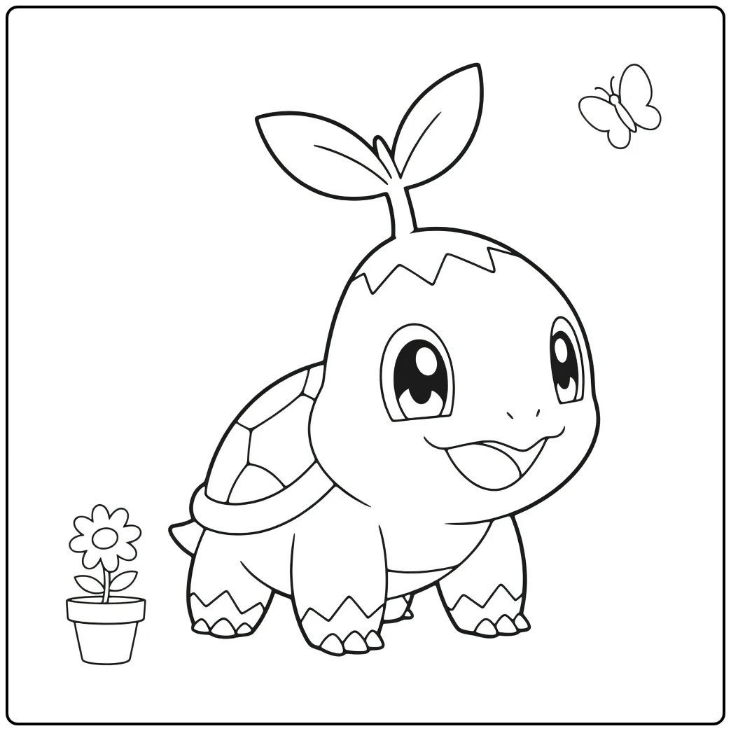 Turtwig Kleurplaat: schattige schildpad met kiemplant, bloem